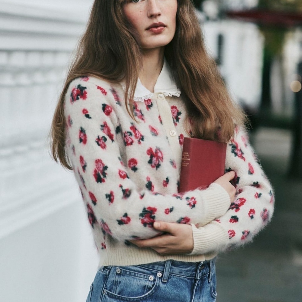 NWT Brushed cashmere cropped cardigan sweater in blurry floral